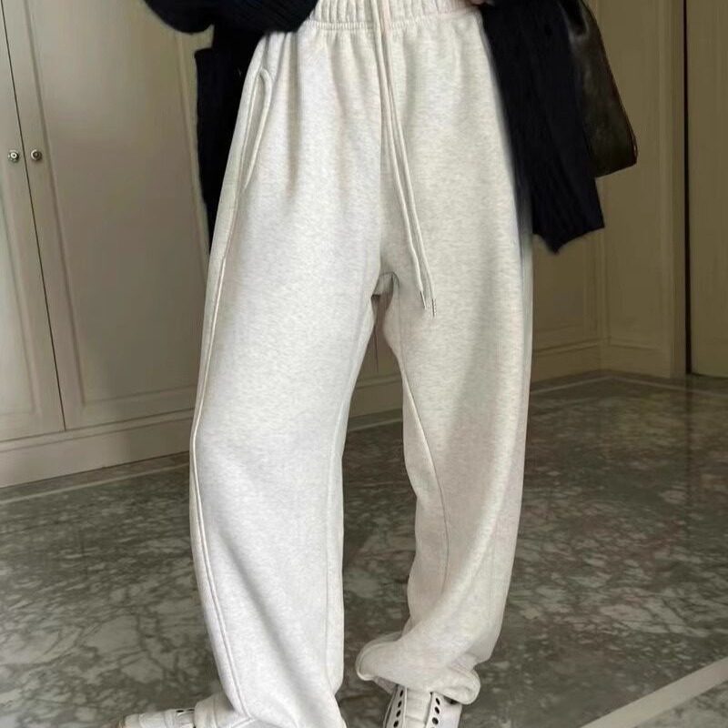 欧货高腰抽绳卫裤女阔腿束脚冬新款加绒加厚宽松休闲直筒运动长裤