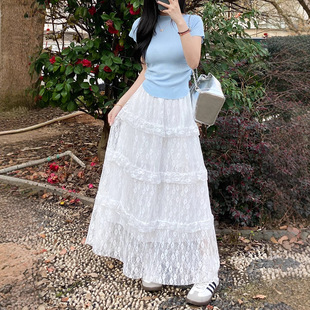 白色蕾丝半身裙女夏季2025新款高腰a字网纱长裙小个子夏天蛋糕裙