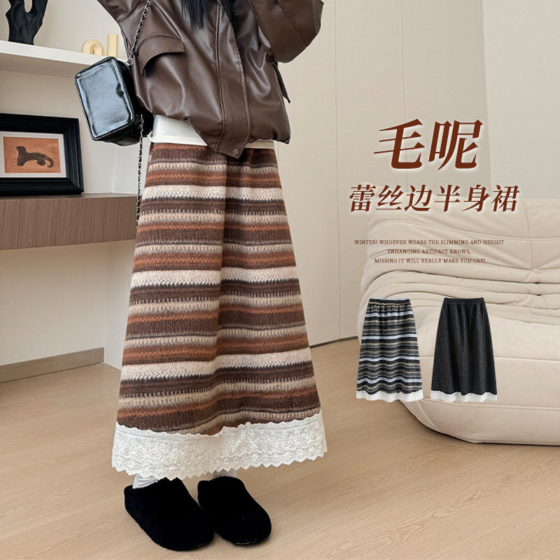 条纹蕾丝加绒半身裙女秋冬2025新款宽松显瘦a字伞裙中长款毛呢裙