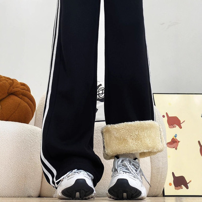 超厚羊羔绒运动裤子女秋冬季加绒加厚保暖阔腿裤休闲条纹黑色卫裤