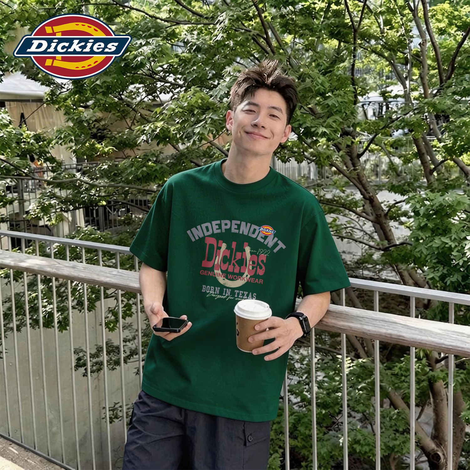 Dickies重磅纯棉短袖T恤男墨绿色2026夏季新款印花上衣潮流半袖男