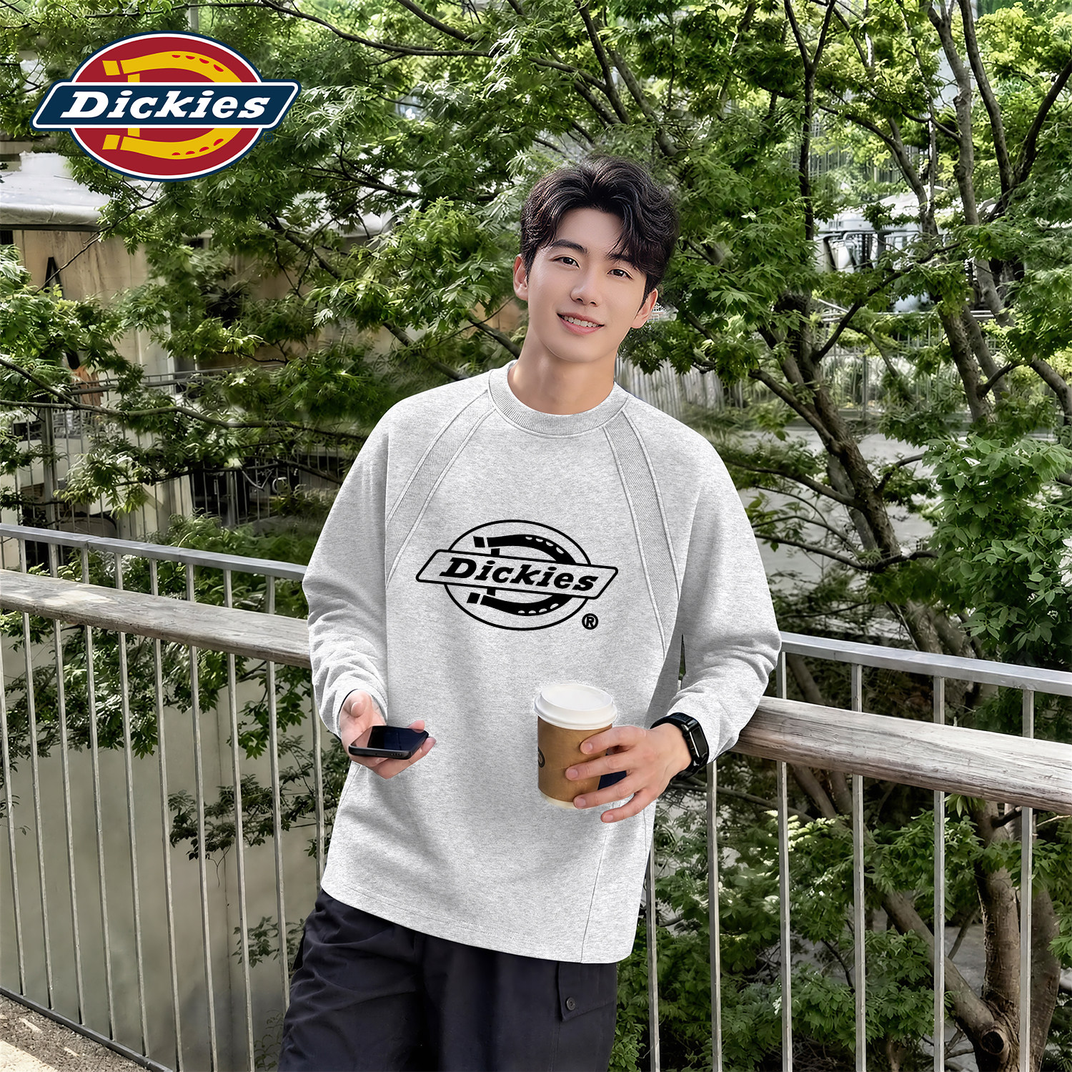Dickies美式插肩长袖T恤男圆领套头字母印花休闲宽松百搭流行上衣