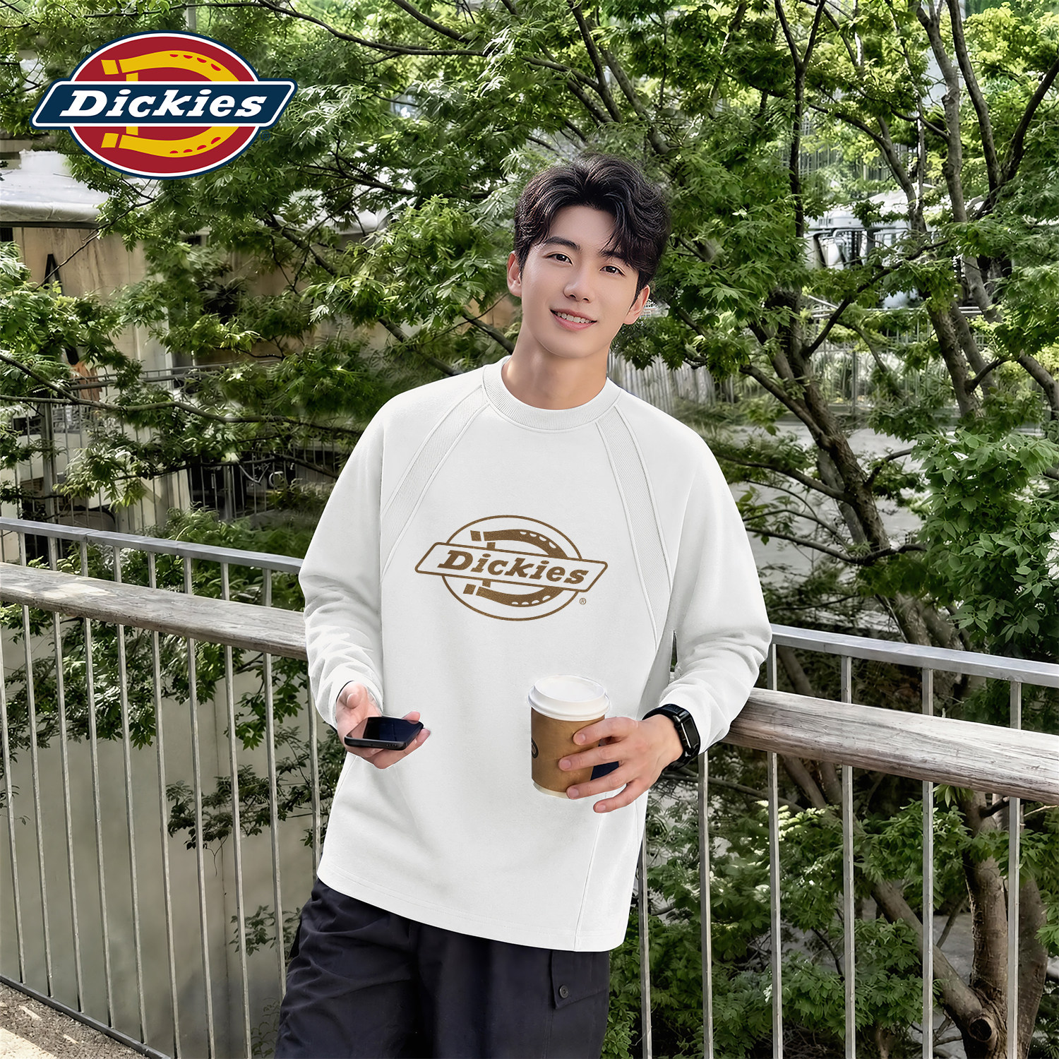 Dickies白色插肩长袖T恤男青少年宽松潮牌印花体恤衫秋季百搭上衣