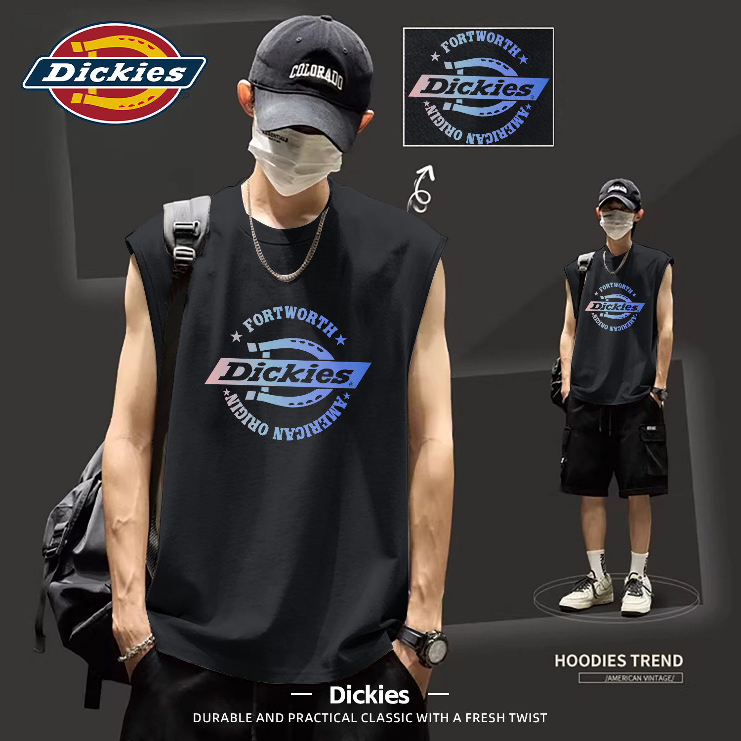 Dickies黑色纯棉背心男2026夏季新款无袖上衣宽松运动健身男生t恤