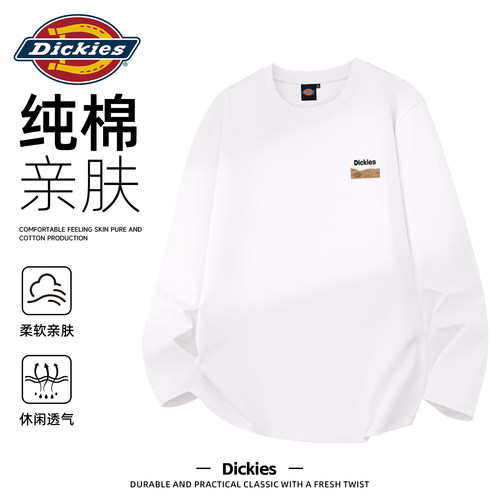 Dickies白色秋装长袖T恤男纯棉圆领宽松套头休闲印花上衣百搭男装