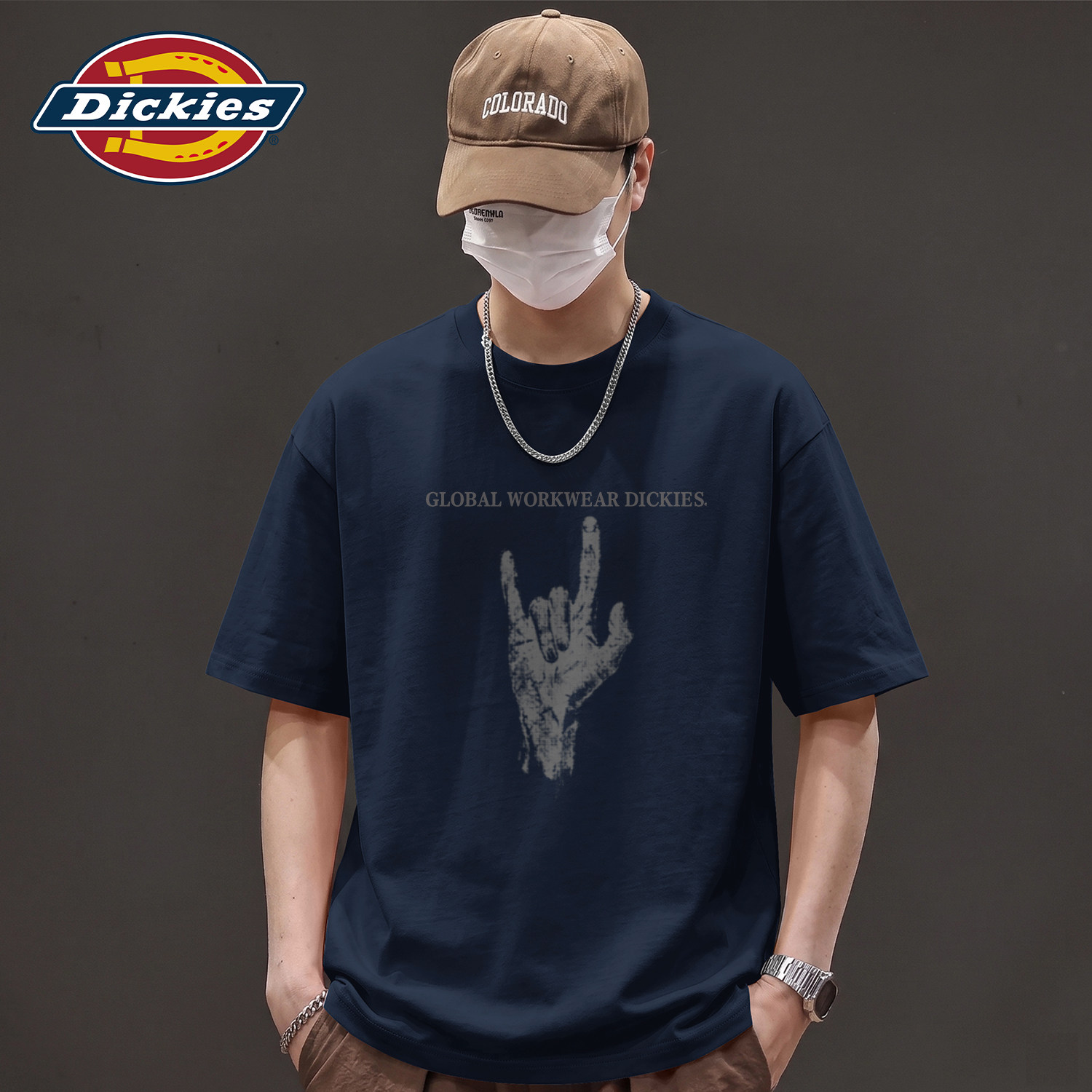 Dickies短袖T恤男款藏青色夏季纯棉半袖衣服青少年男生五分袖上衣