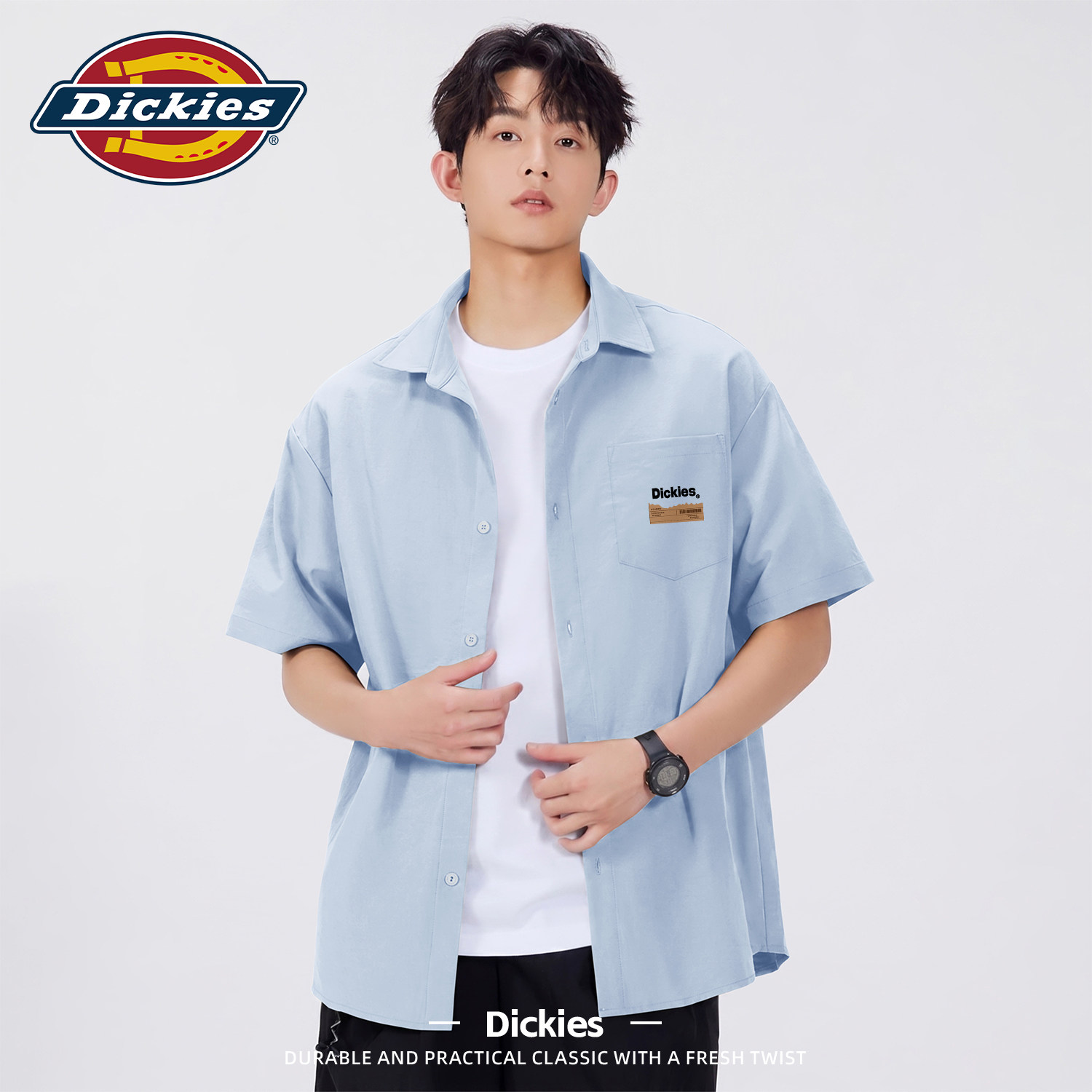 Dickies短袖衬衫男款透气夏季青少年男生翻领上衣帅气时髦衬衣男
