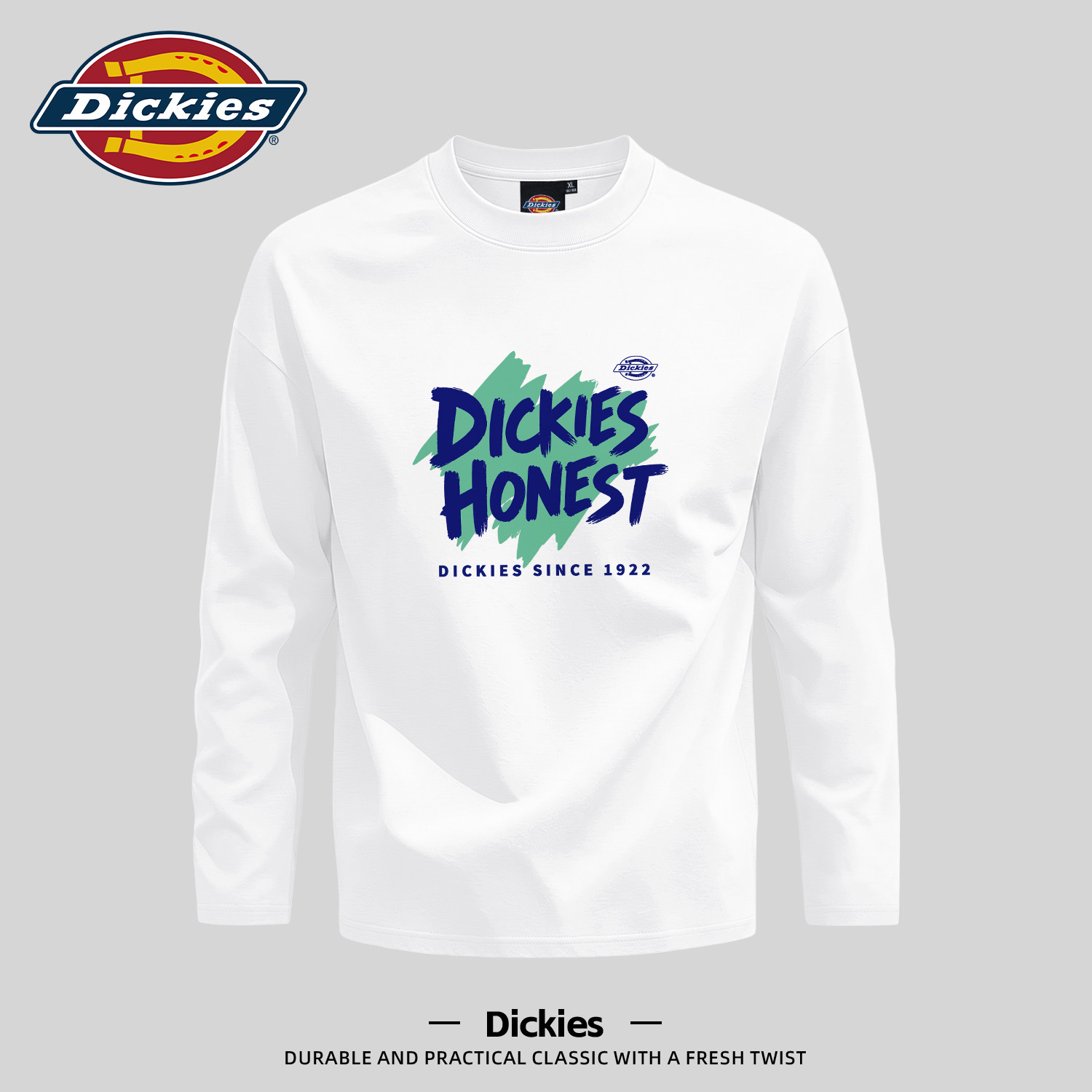 Dickies潮牌印花长袖T恤男士白色2026秋季打底衫新款宽松纯棉上衣