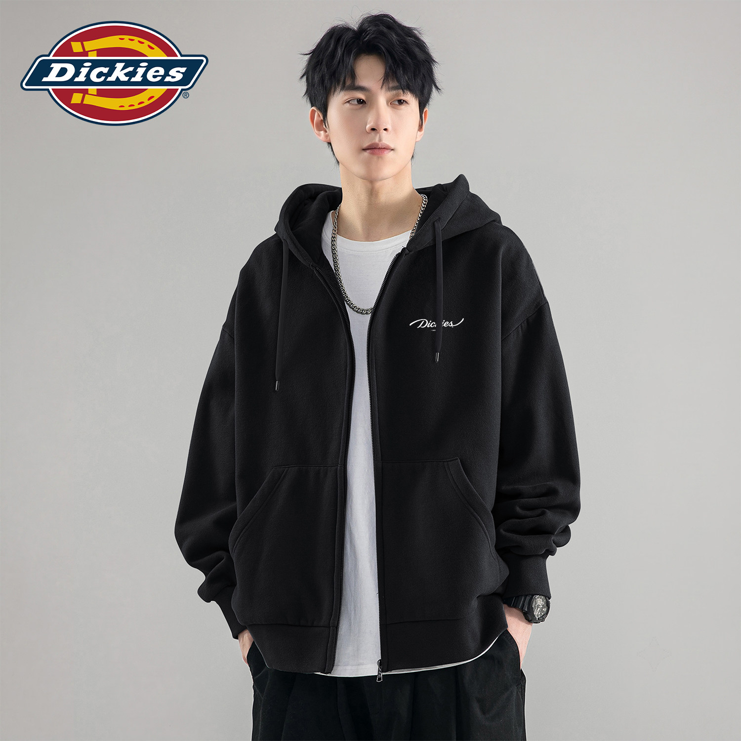 Dickies黑色连帽开衫卫衣男款青少年百搭美式重磅秋季衣服男外套