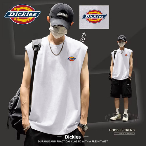 Dickies纯棉无袖背心男白色夏季宽松外穿坎肩t恤潮牌印花运动上衣