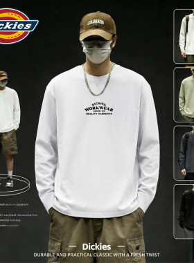 Dickies纯棉长袖T恤白色男款青少年春季2026新款宽松重磅男生上衣