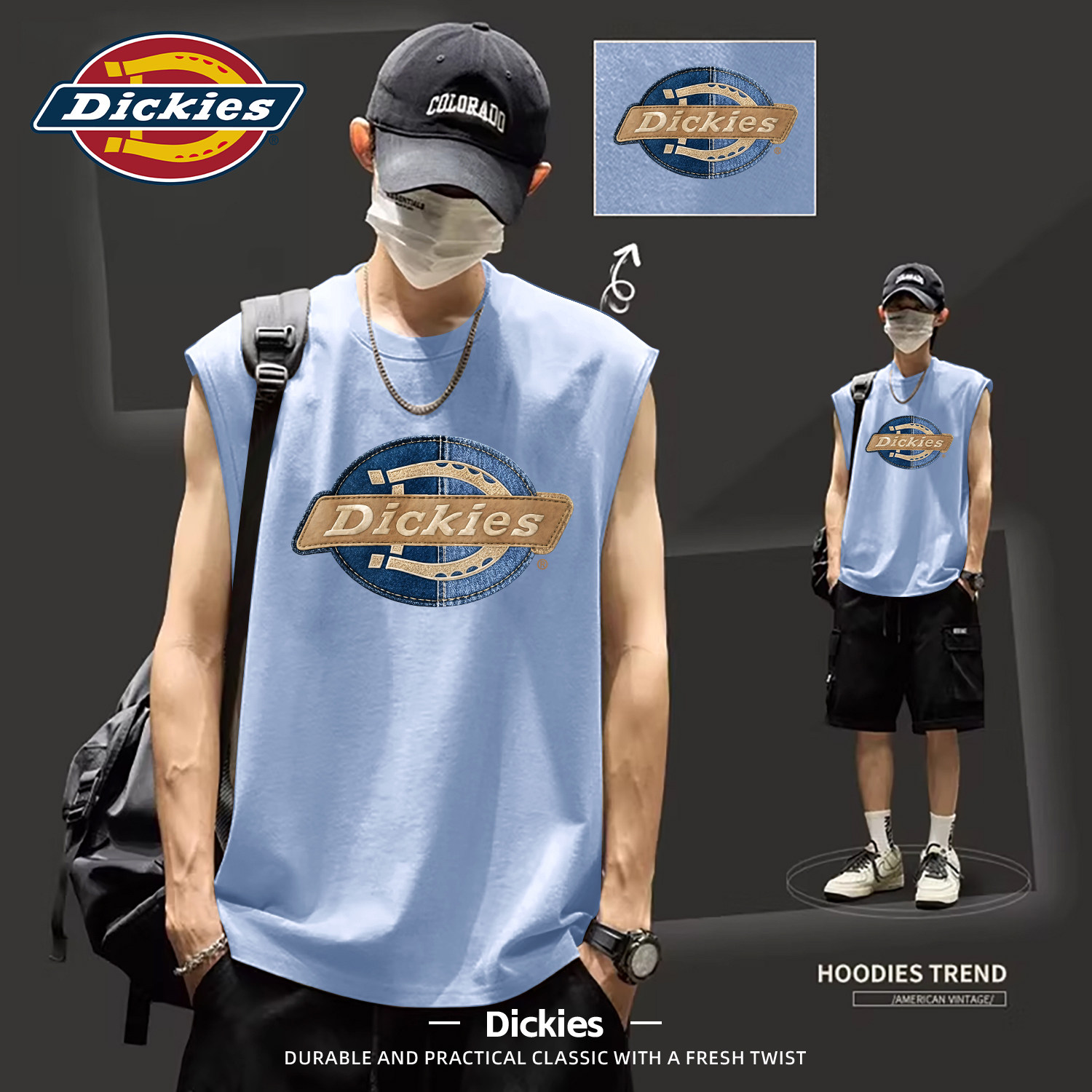 Dickies纯棉背心男蓝色夏季宽松印花无袖T恤运动休闲坎肩男士上衣