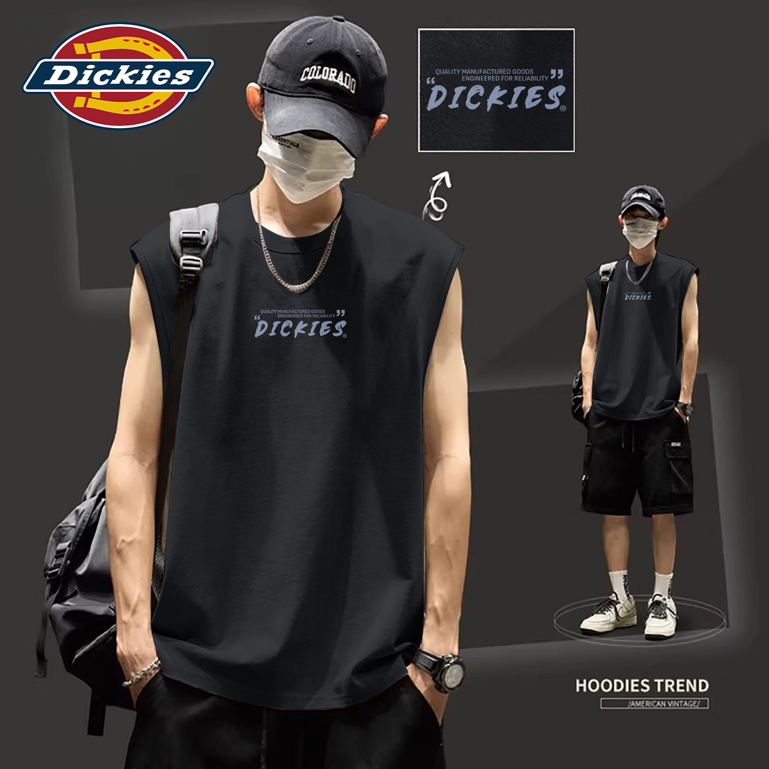 Dickies纯棉背心男夏季宽松套头运动健身无袖上衣潮流印花休闲T恤