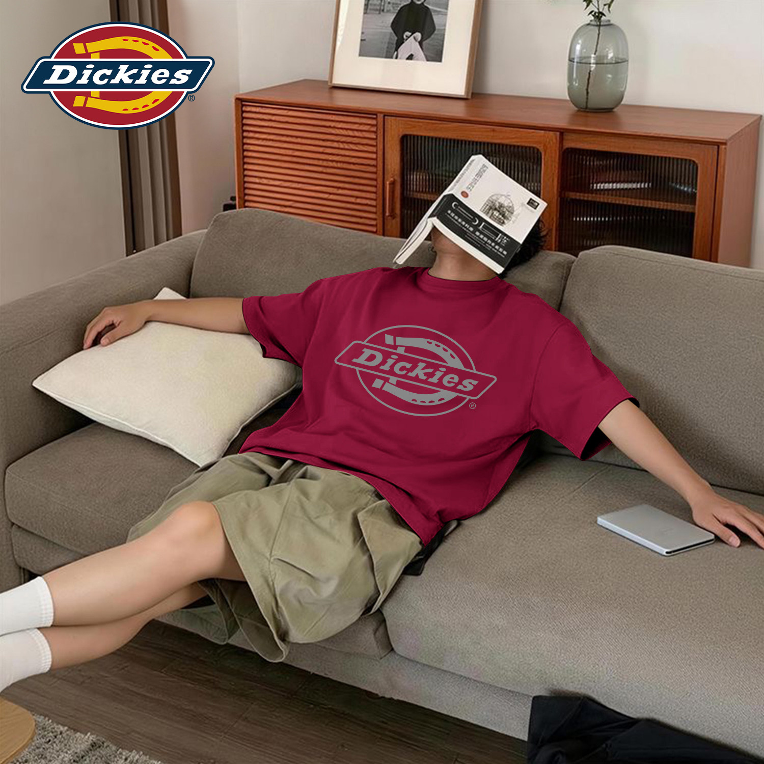 Dickies短袖t恤男款酒红色纯棉宽松夏季大码上衣男士潮流印花衣服