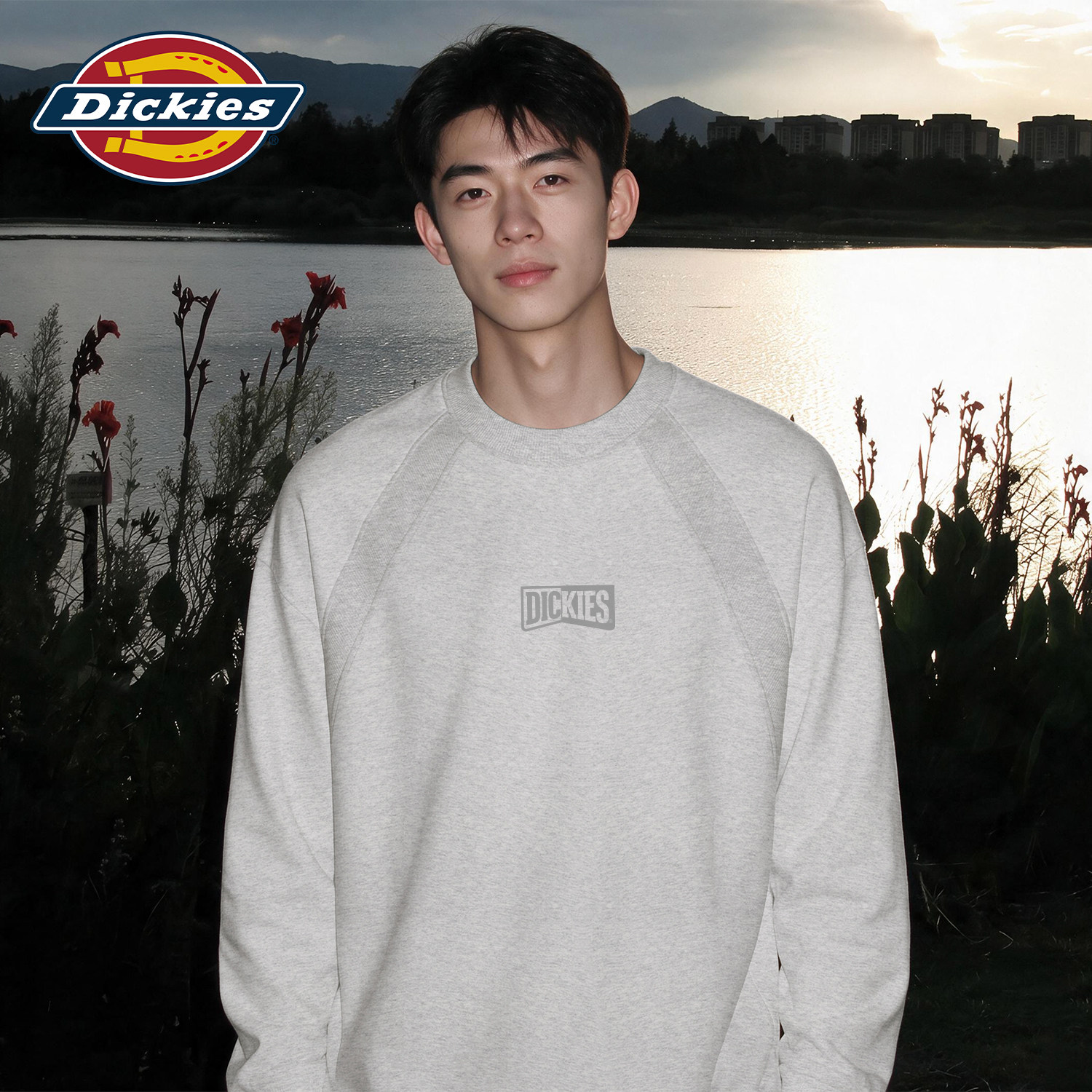 Dickies潮牌字母印花插肩长袖T恤男款重磅宽松青少年套头休闲上衣