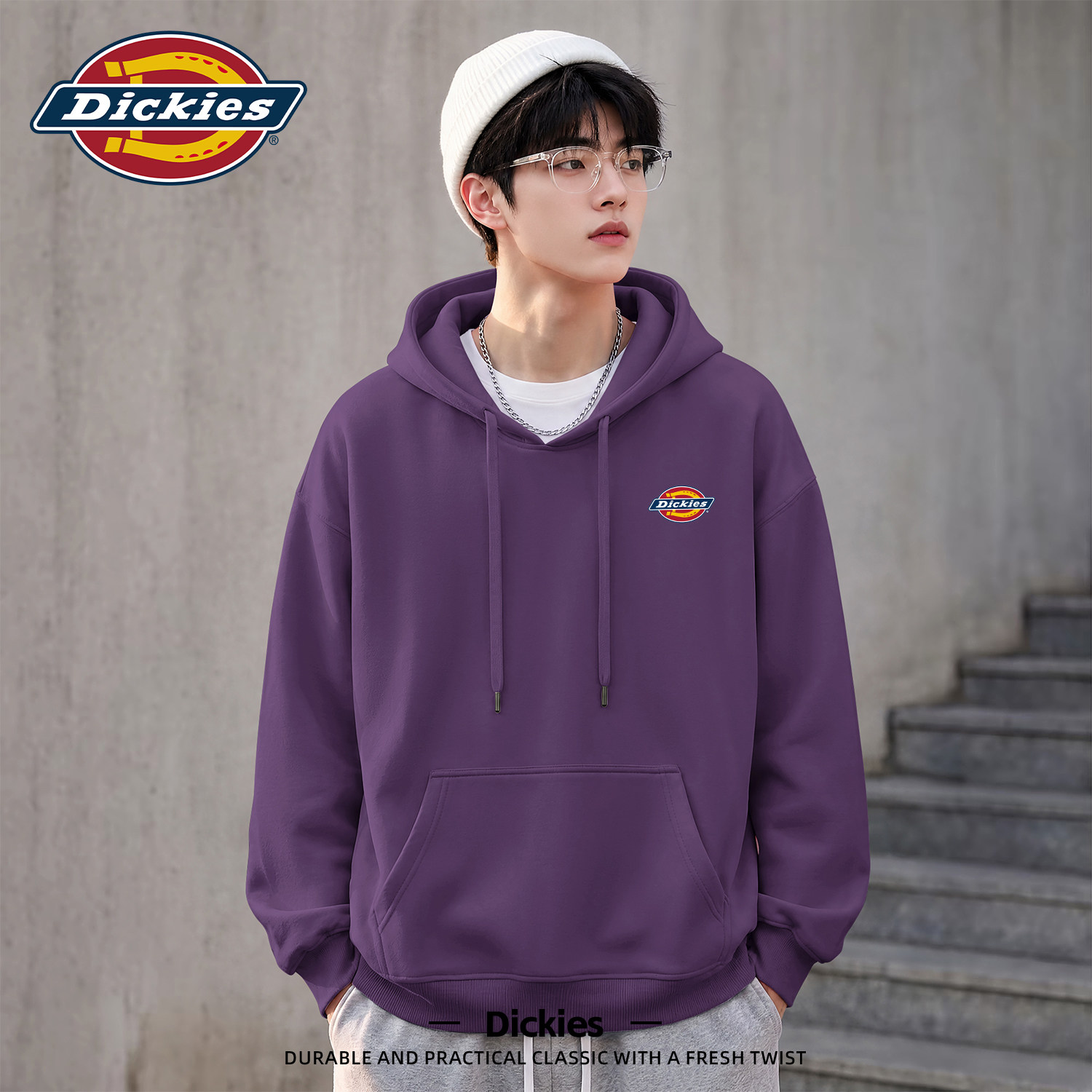 Dickies紫色男款连帽卫衣早秋重磅青少年宽松外套男休闲美式上衣