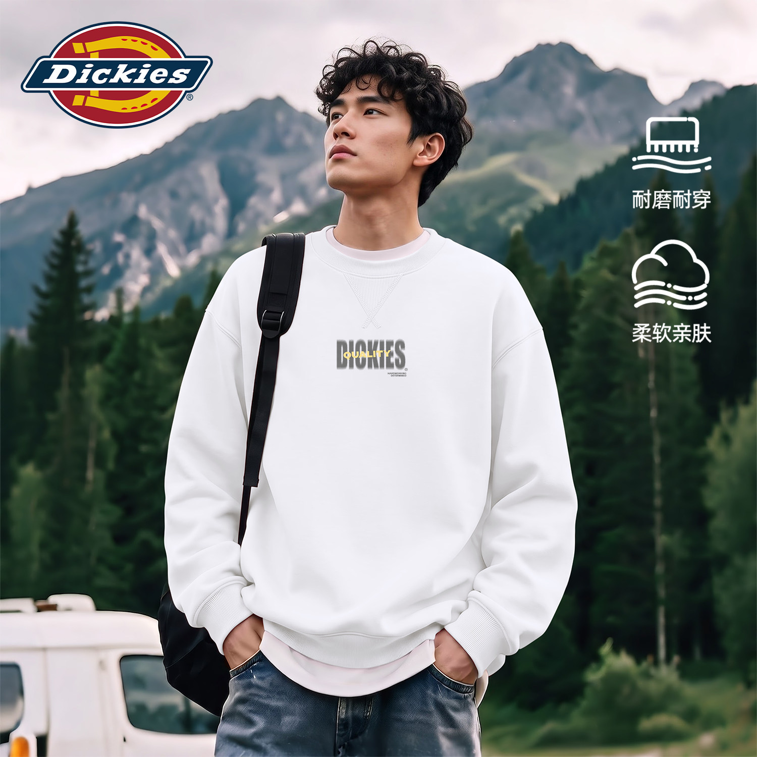 Dickies白色潮牌圆领卫衣男款秋季宽松套头美式印花休闲百搭上衣