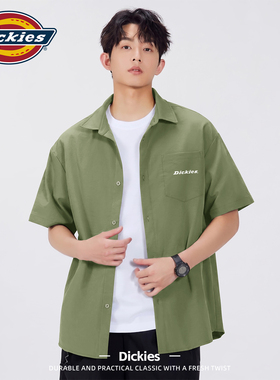 Dickies绿色短袖衬衫男夏季宽松凉感透气外套上衣翻领印花衬衣男