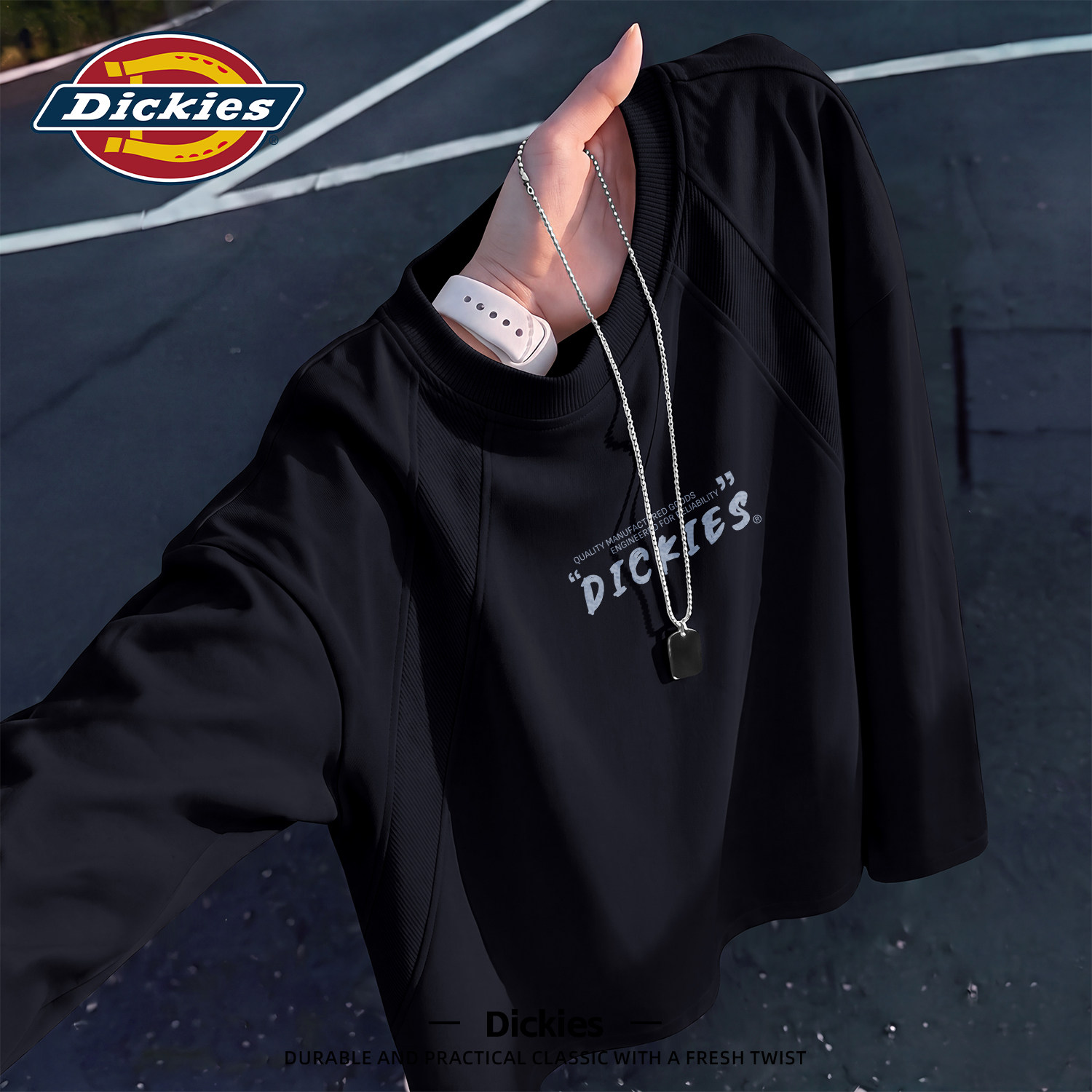 Dickies潮流黑色长袖T恤男2026秋季新款圆领印花宽松舒适百搭上衣
