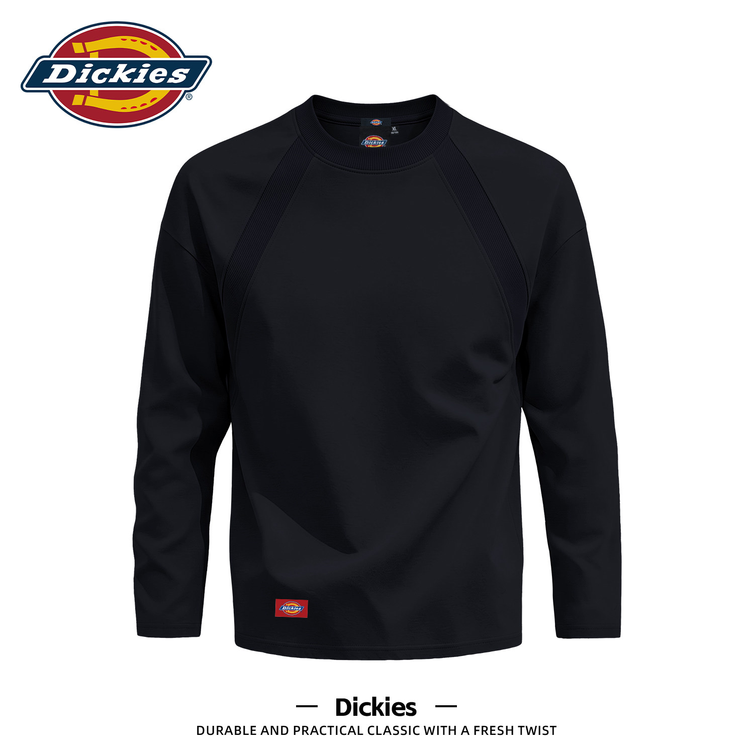 Dickies潮牌黑色插肩长袖T恤男秋季休闲圆领印花宽松百搭流行上衣