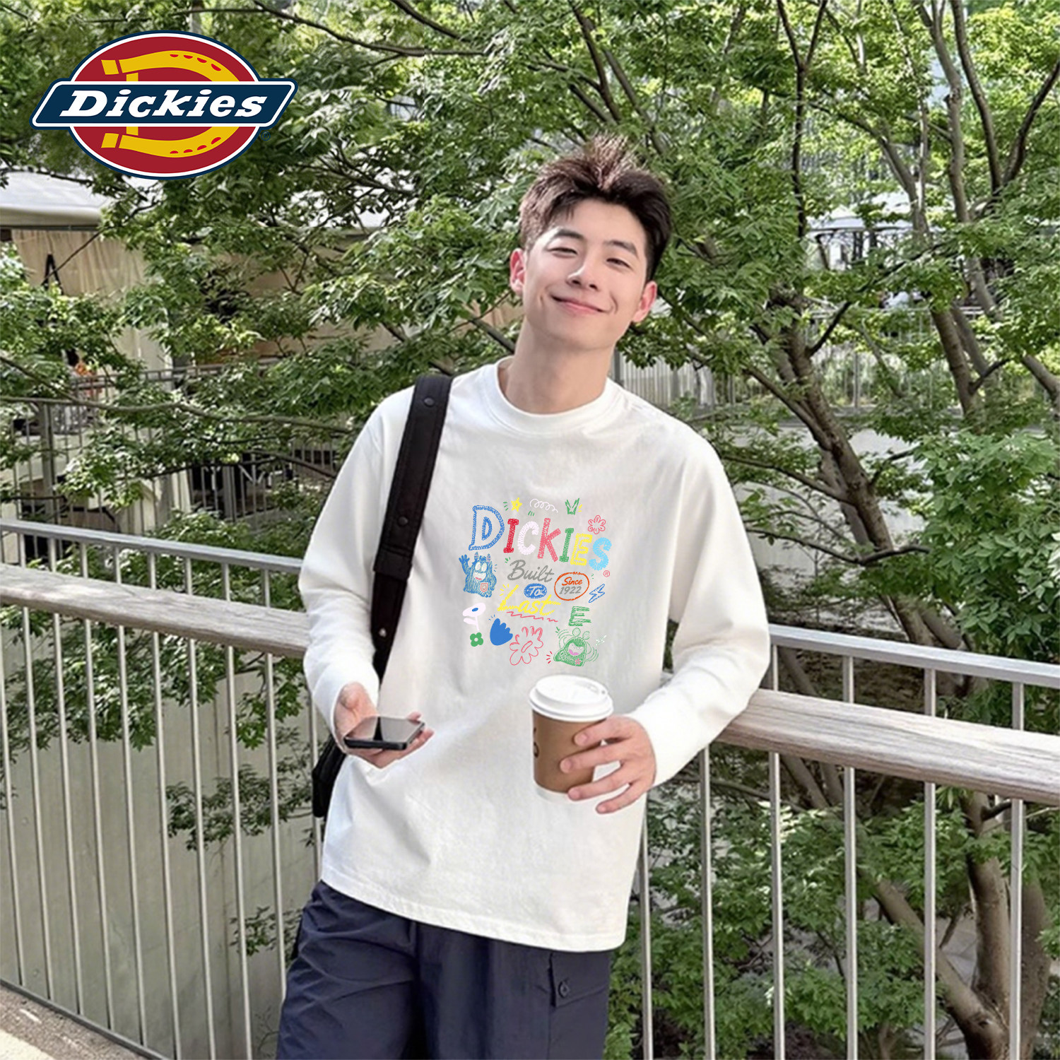 Dickies美式涂鸦风长袖T恤男款白色潮流青少年男装上衣秋季新款男