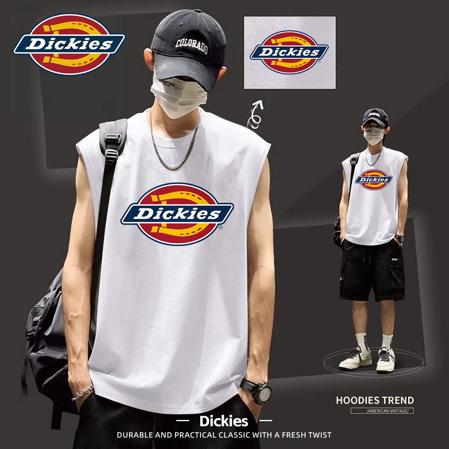 Dickies潮牌背心男夏季宽松白色印花无袖T恤美式复古运动坎肩汗衫