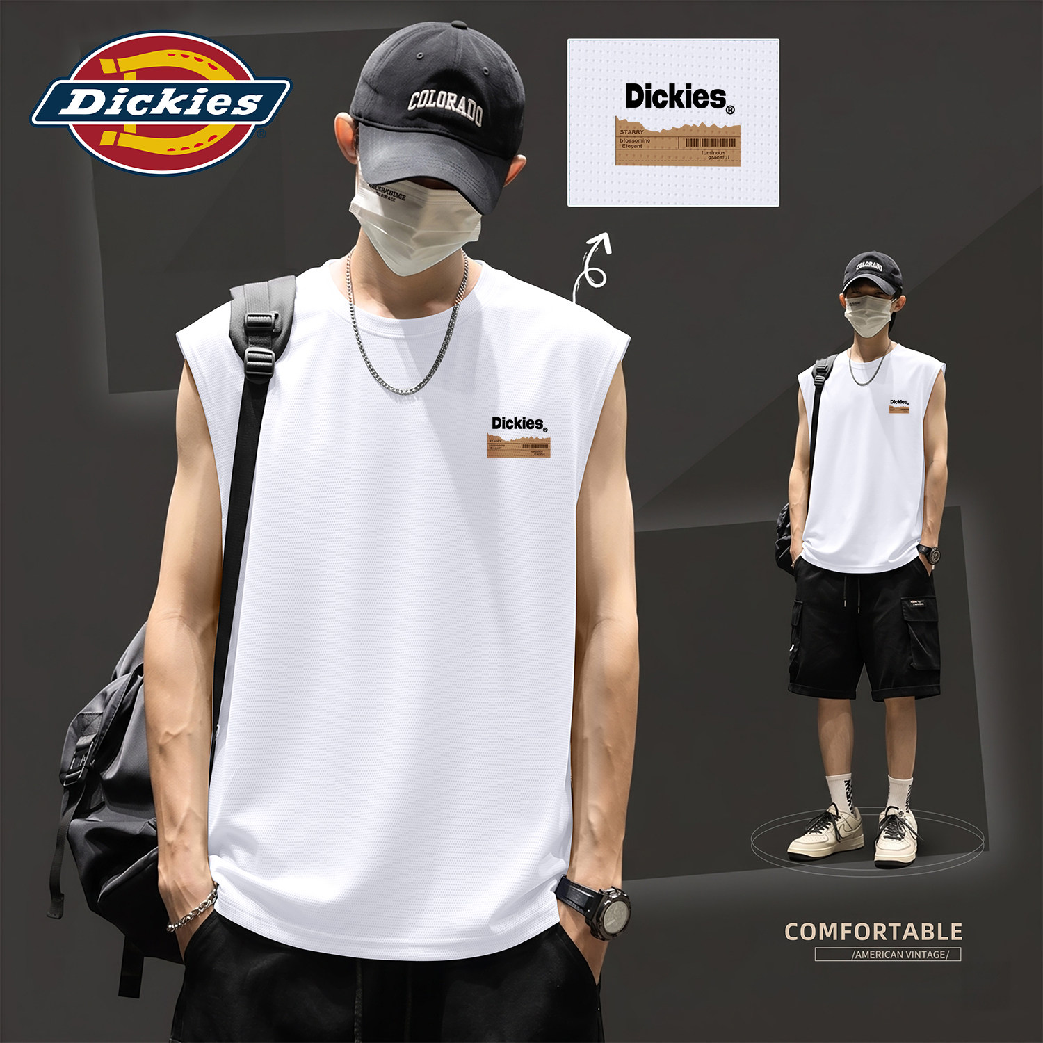 Dickies冰丝速干背心男款夏薄款宽松网眼透气运动上衣套头印花T恤