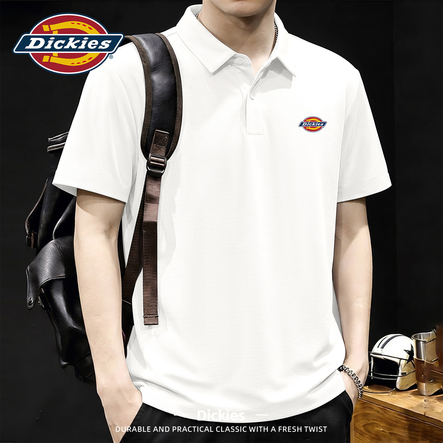 Dickies白色polo衫短袖男款夏季冰丝速干凉感华夫格t恤上衣半袖男