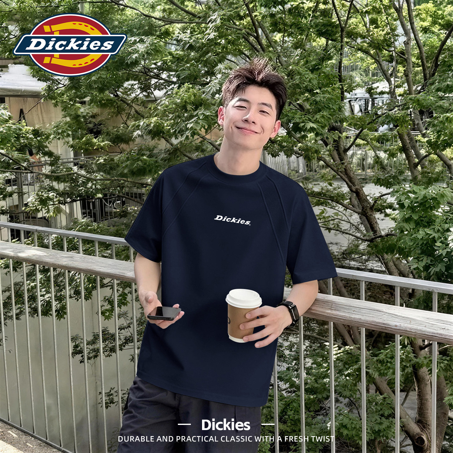 Dickies藏青色男款插肩短袖t恤夏季潮流拼接上衣设计感男士半袖夏