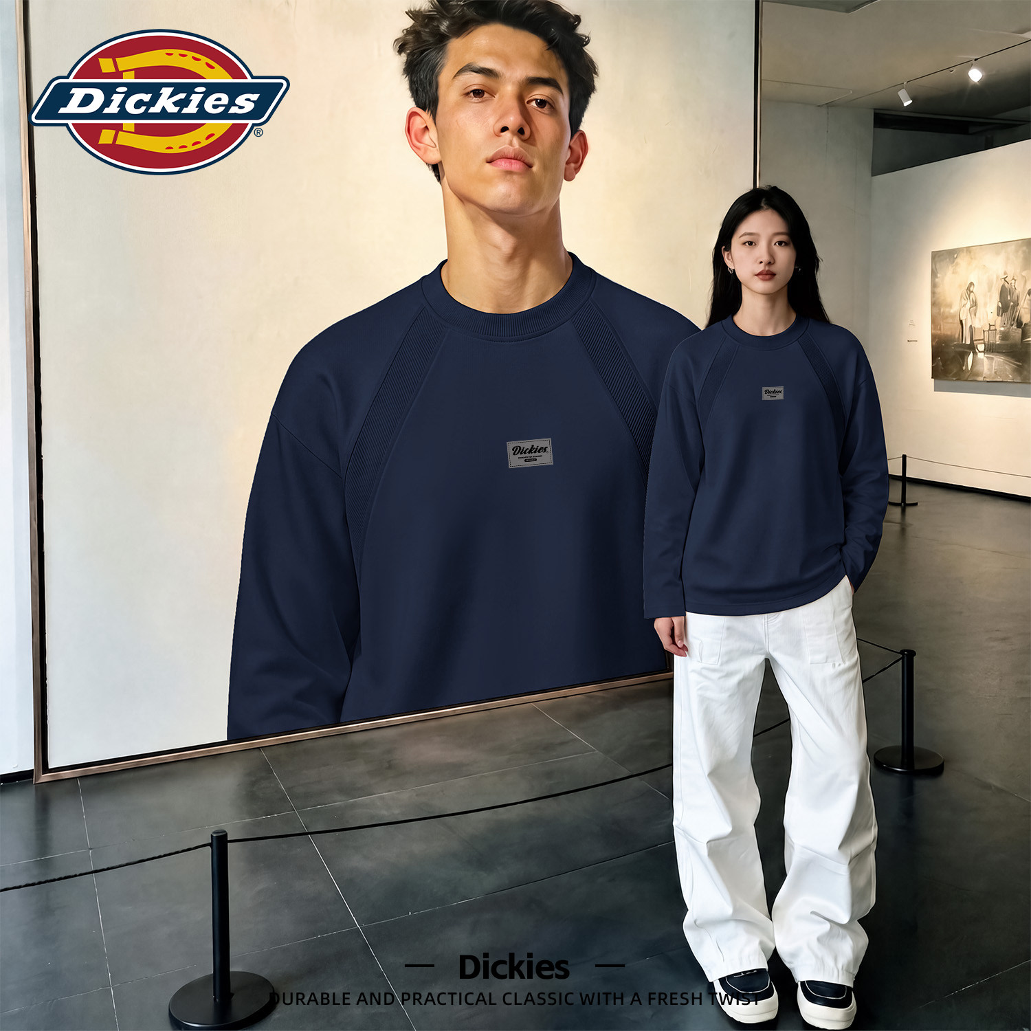 Dickies解构上衣男士长袖T恤2026秋季新款藏青色插肩男生运动衣服