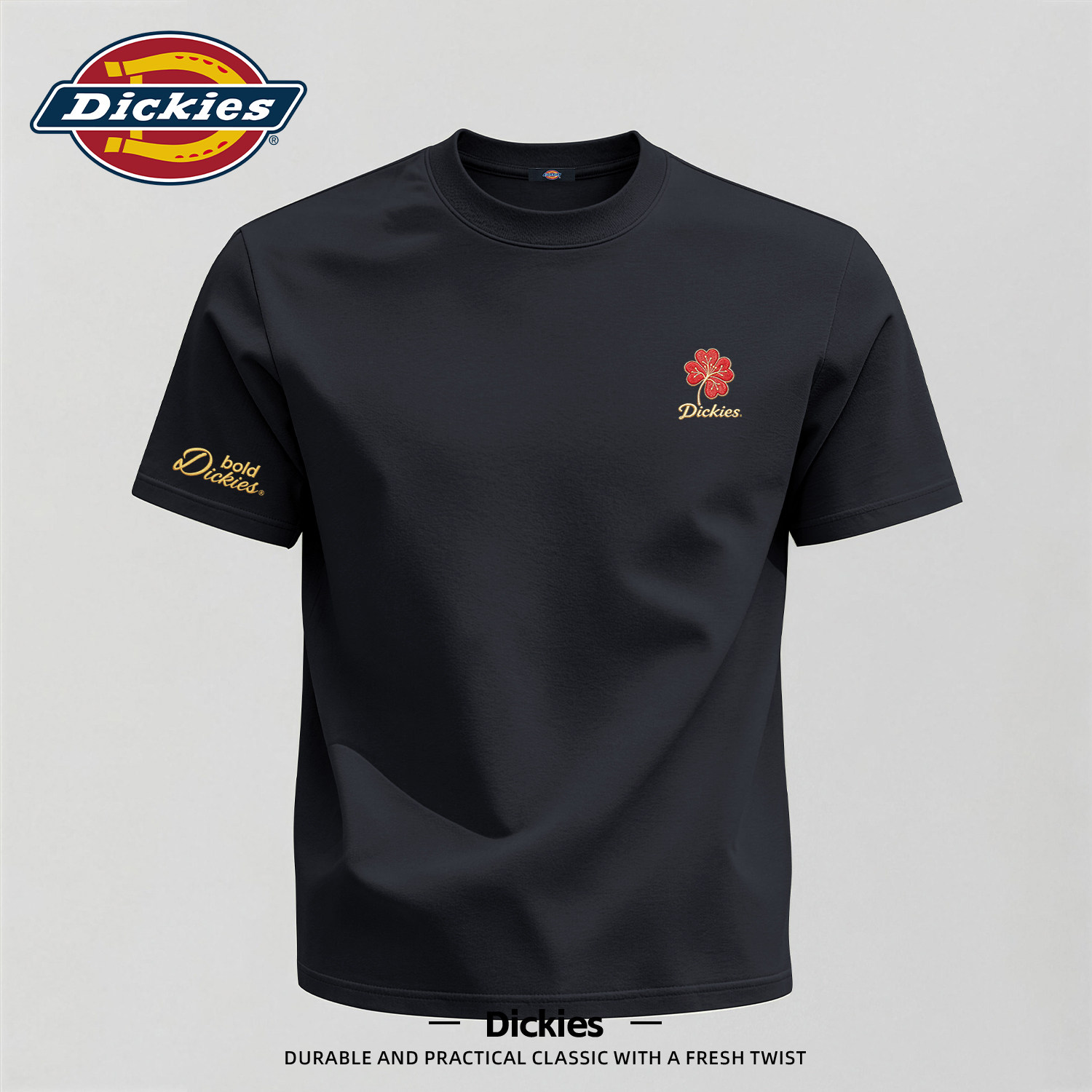 Dickies印花短袖T恤男款黑色2026新款夏季纯棉圆领半袖衣服男上衣