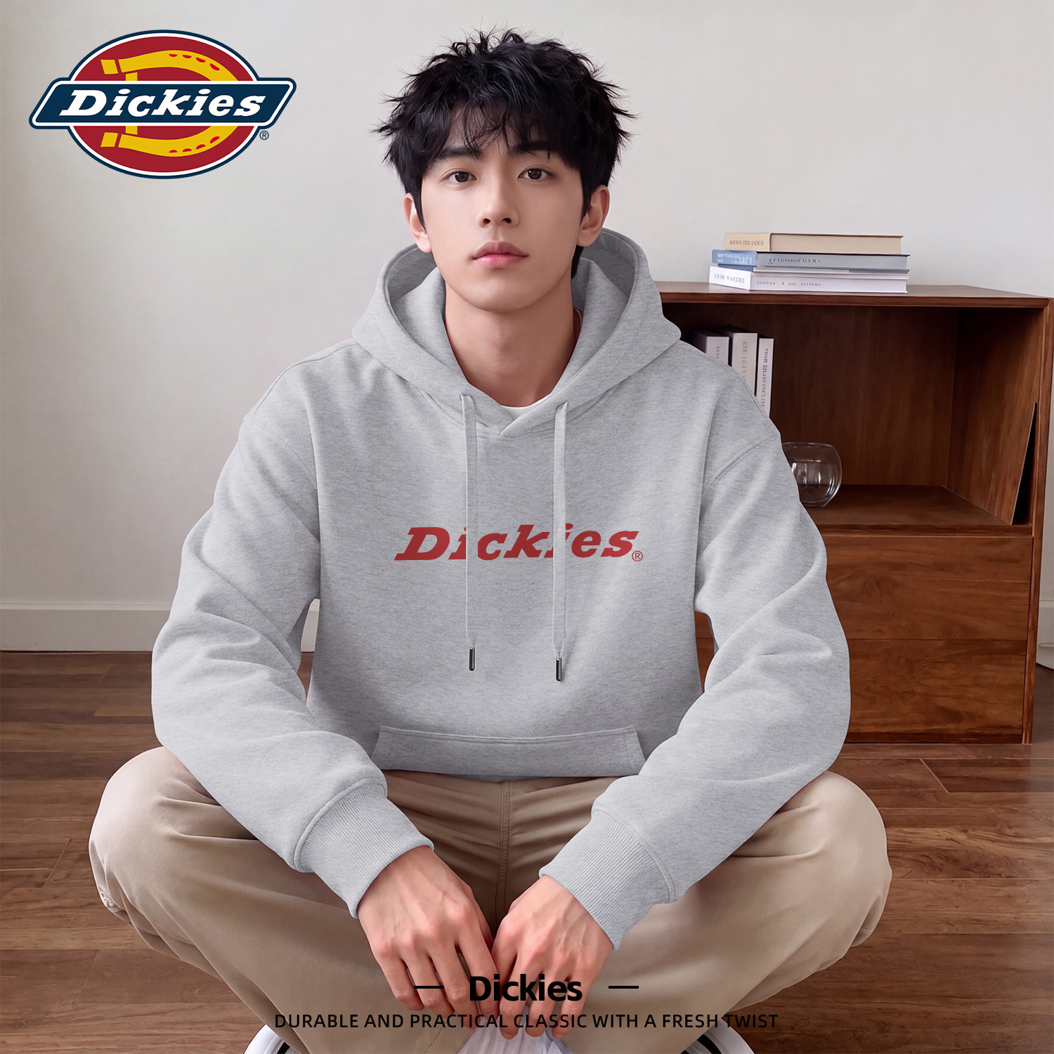 Dickies重磅连帽卫衣男款灰色宽松印花美式休闲帽衫秋季男士上衣