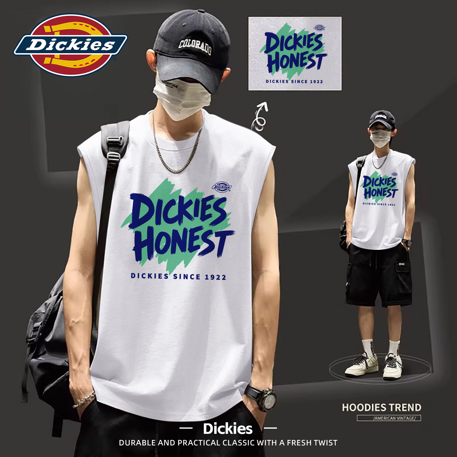 Dickies白色纯棉背心男2026夏季新款宽松印花无袖上衣运动潮T恤男