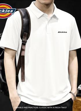 Dickies男士短袖POLO衫夏季冰感商务休闲翻领上衣白色华夫格男t恤