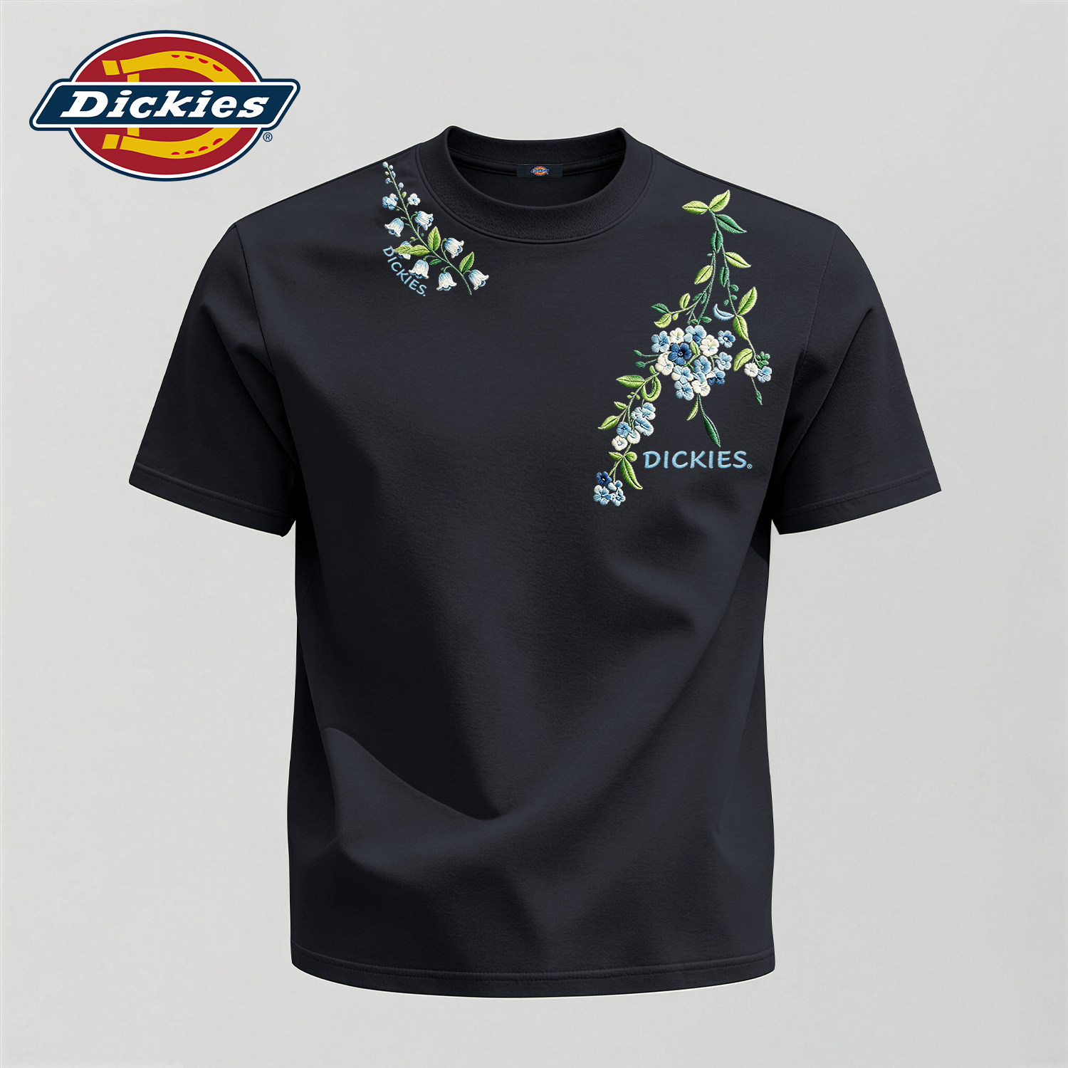 Dickies纯棉印花短袖T恤男士黑色花卉图案衣服宽松透气圆领上衣男