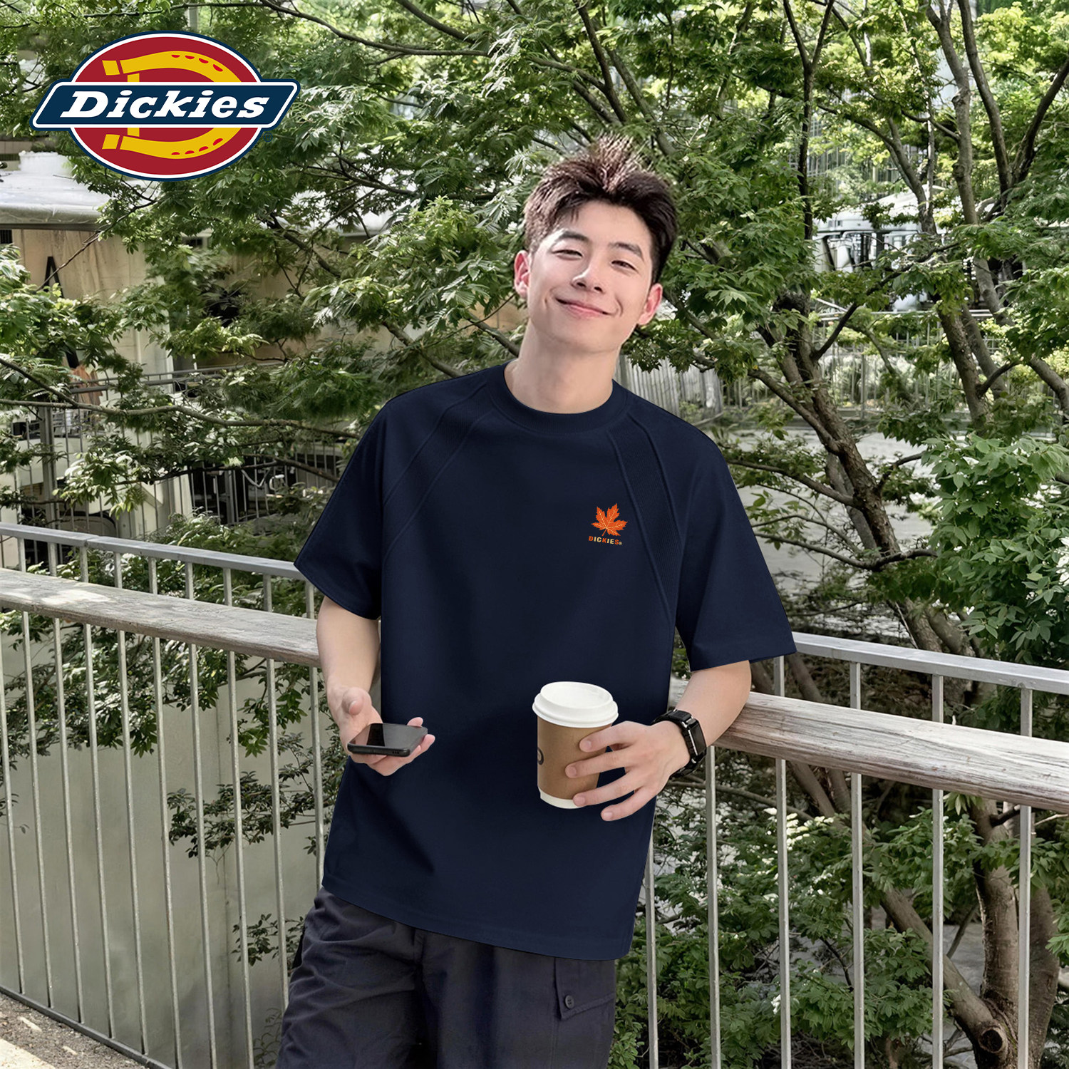 Dickies潮牌短袖T恤男款枫叶印花上衣青少年夏男装插肩拼接款半袖