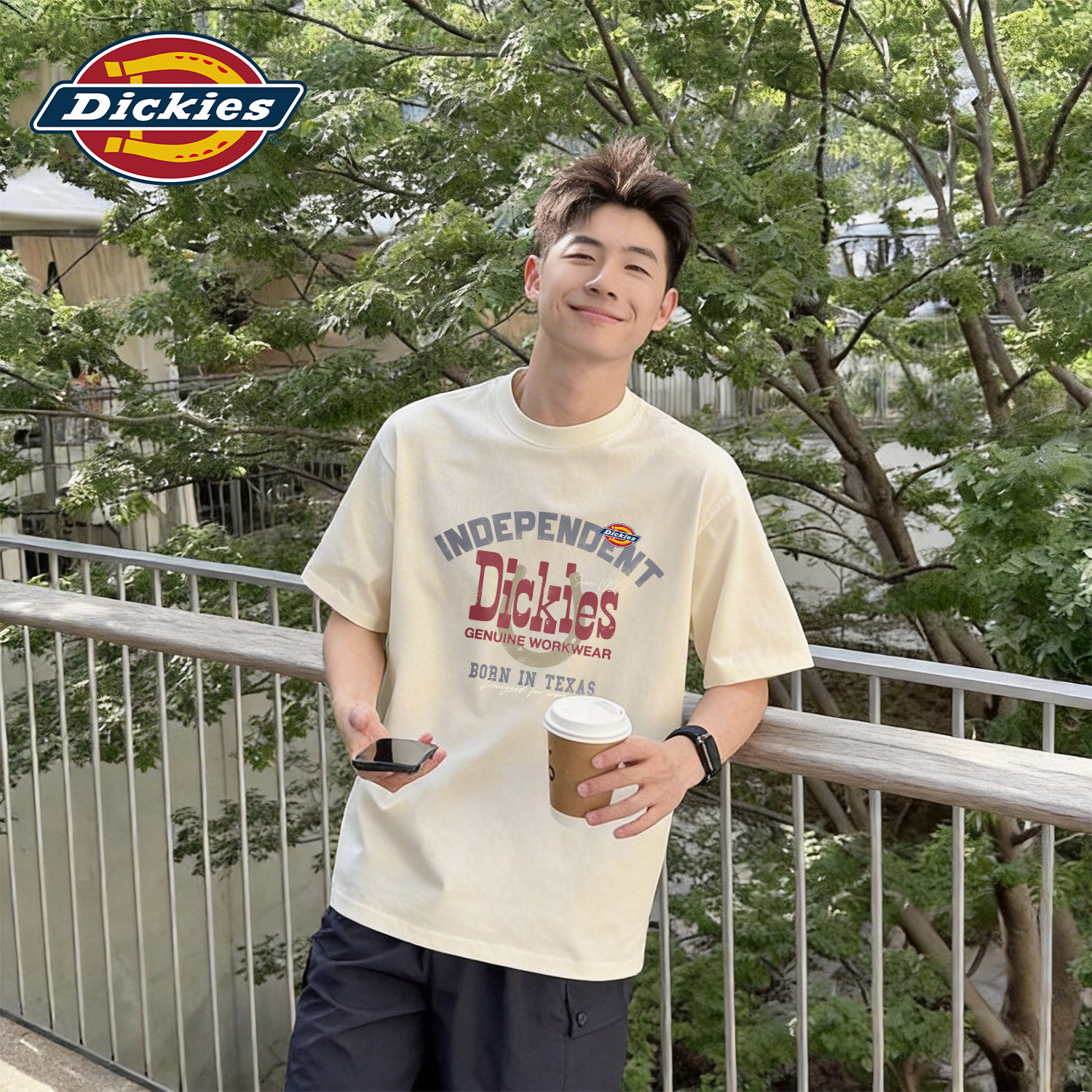 Dickies纯棉短袖T恤男重磅宽松青少年米白色夏季上衣男士夏装半袖