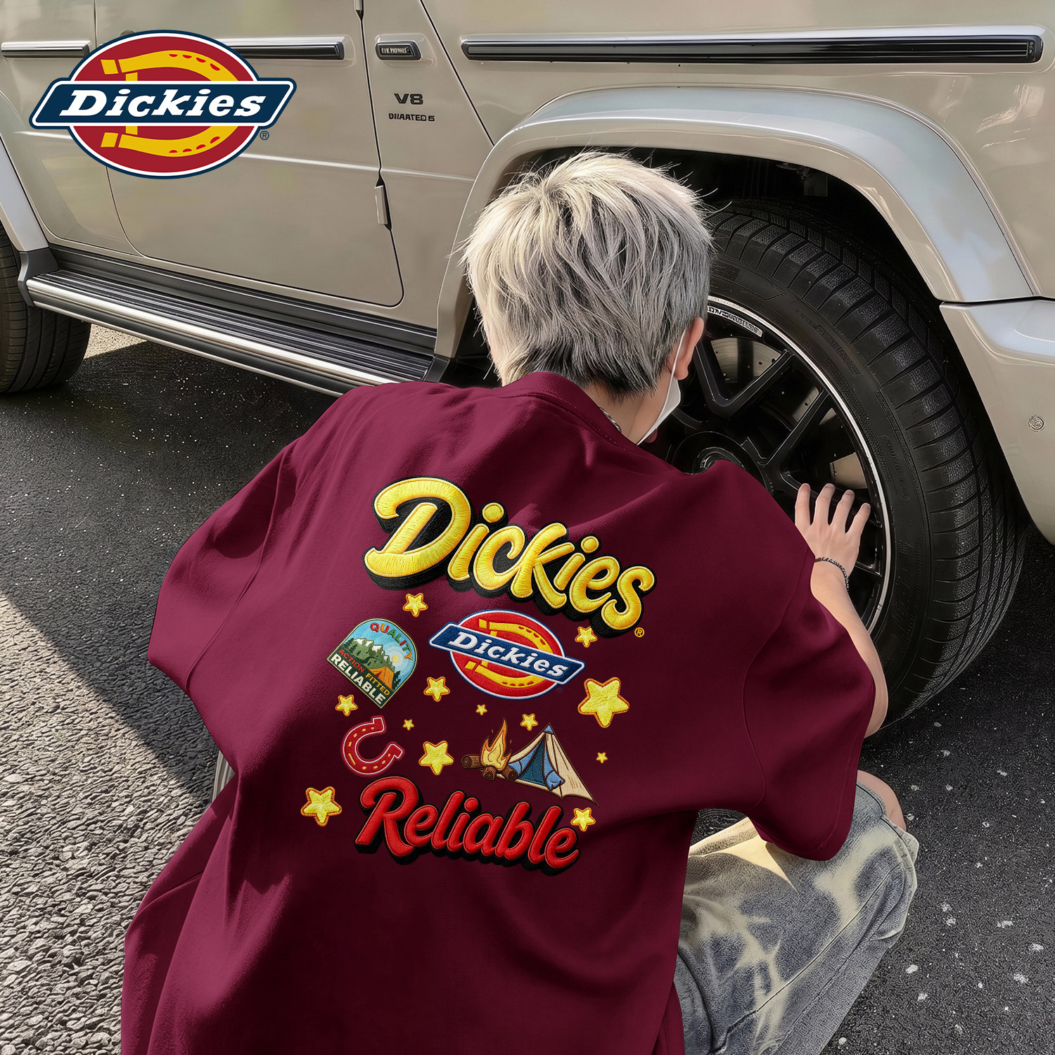 Dickies美式街头涂鸦短袖T恤男款青少年宽松潮牌上衣酒红色衣服男