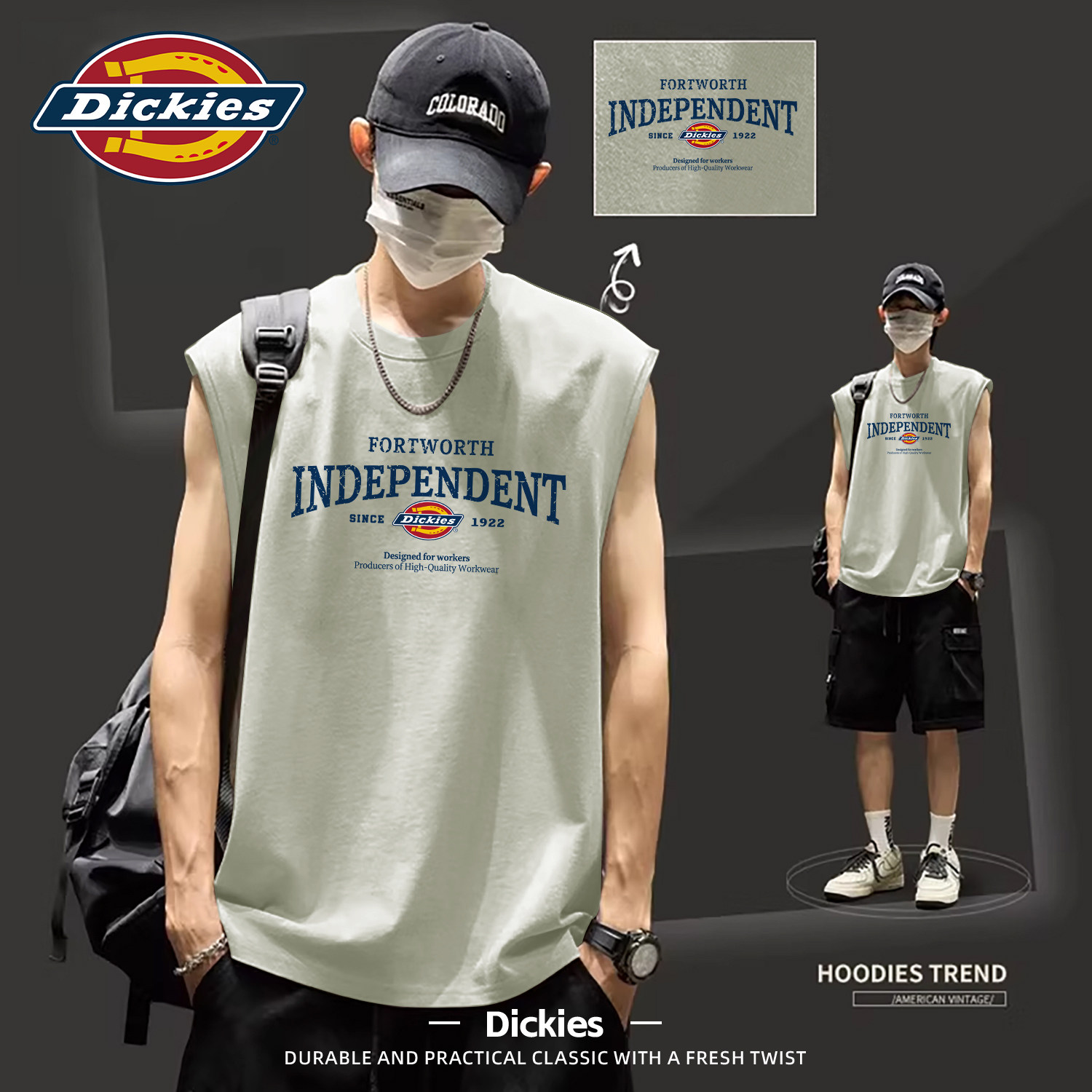 Dickies纯棉背心男夏季薄款宽松运动坎肩上衣男健身无袖套头T恤男