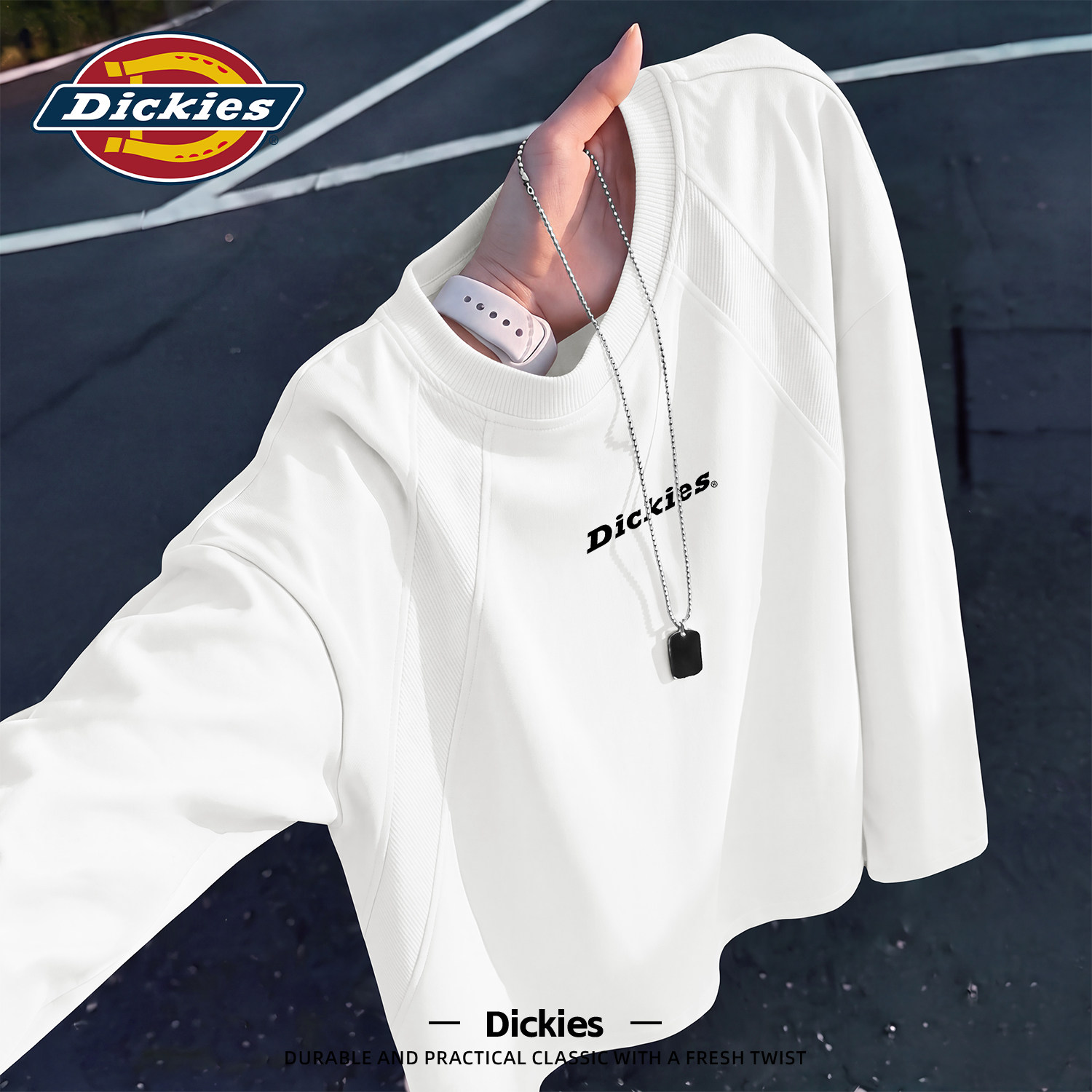 Dickies白色圆领长袖T恤男美式潮牌宽松休闲百搭印花流行上衣秋装