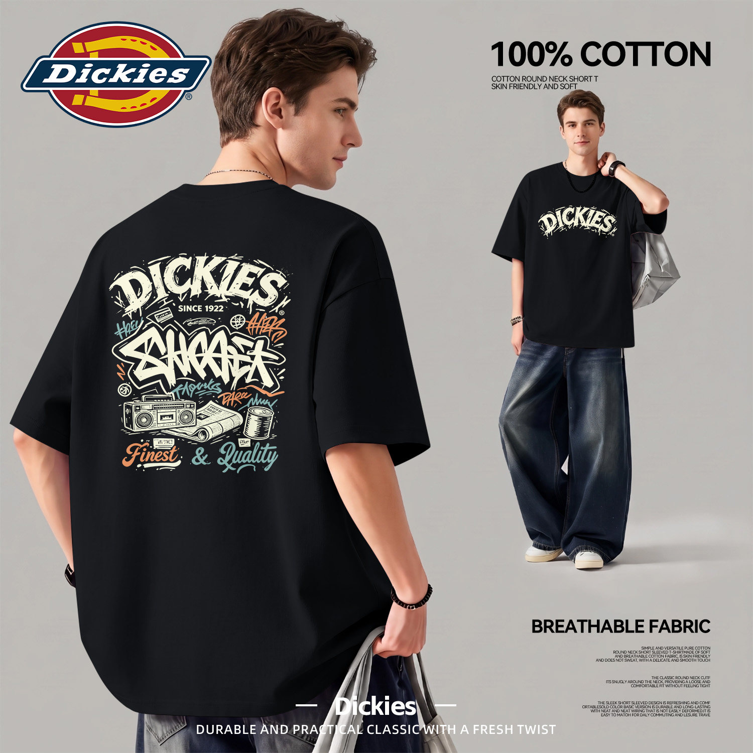 Dickies黑色美式涂鸦印花短袖T恤男款纯棉半袖青少年夏季潮流上衣