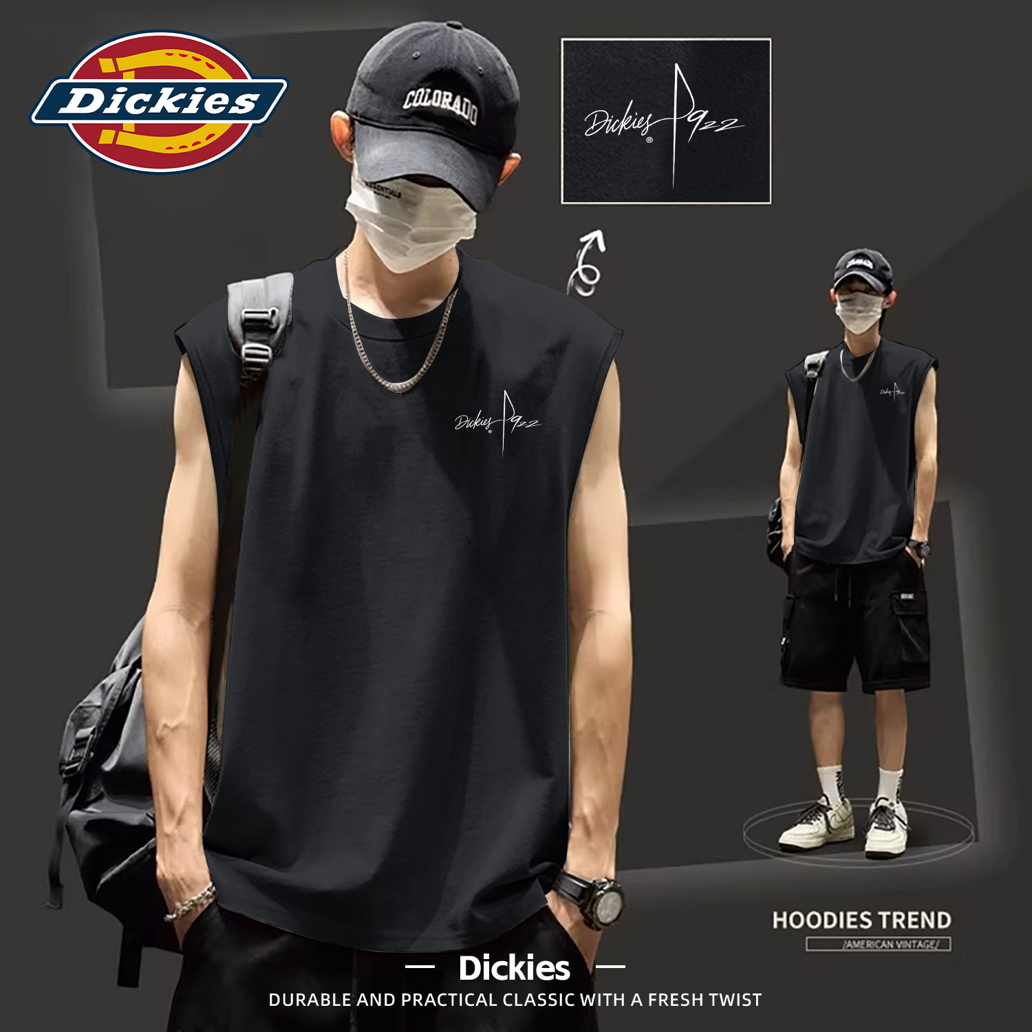 Dickies黑色无袖背心男夏季纯棉宽松透气运动健身坎肩T大码男上衣