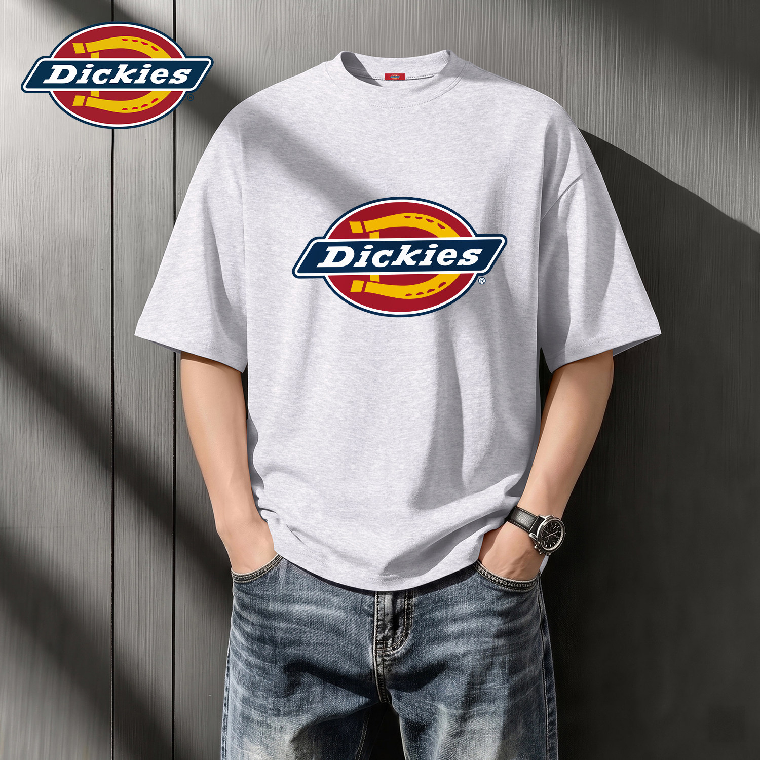Dickies灰色短袖t恤男生夏装衣服圆领时尚潮牌印花上衣学生半袖男