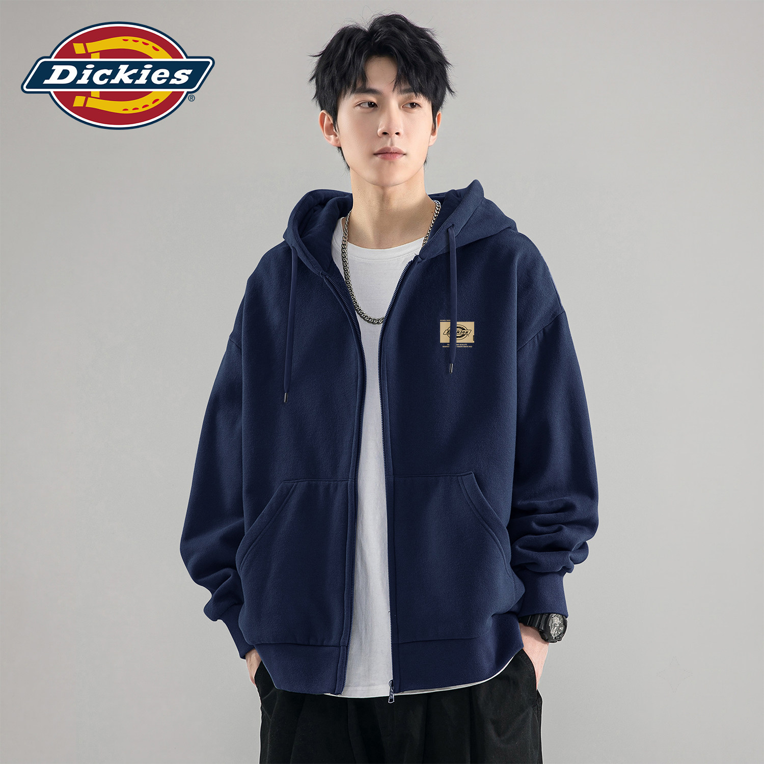 Dickies藏青色男士连帽开衫卫衣秋季宽松休闲男款外套潮流衣服男