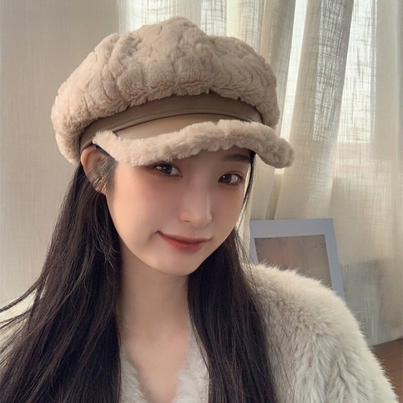 韩版毛绒拼接贝雷帽子女款日系秋冬季复古时尚甜美气质百搭八角帽