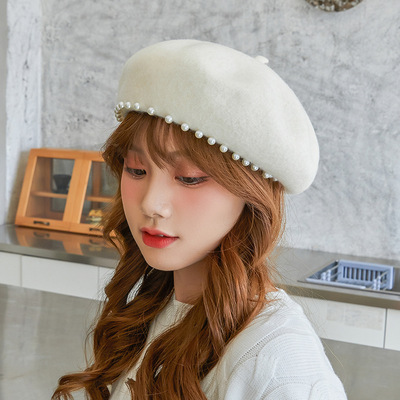 出游贝雷帽女珍珠时尚秋冬季