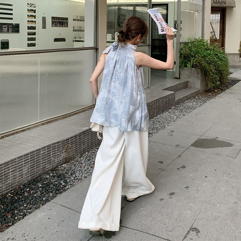 蓝色晕染挂脖背心阔腿裤女2025夏季新款清冷感气质穿搭一整套,女装连衣裙,浙宝079