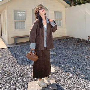 【新款】咖色假两件牛仔拼接外套套装8008-p185-k298，女装套装/套裙，浙宝079