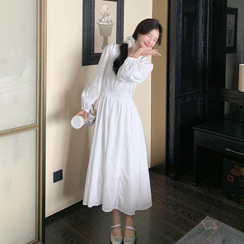 超火好看温柔风白色连衣裙女春秋2025新款独特漂亮中长款收腰长裙，女装连衣裙，浙宝079