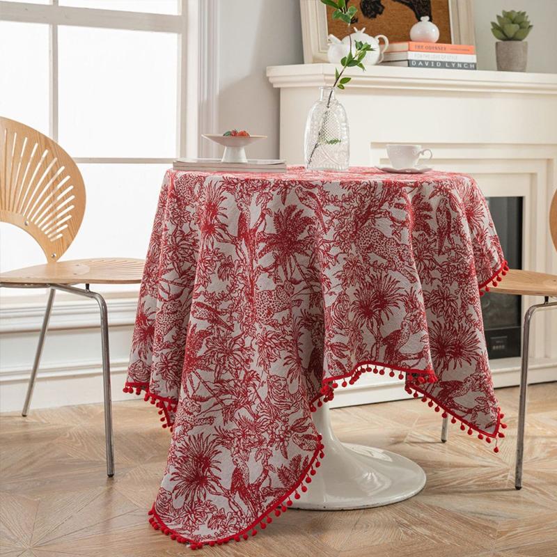 轻复古红色桌布茶几餐桌布蓝色几何台布圆形喜庆圆桌方形盖布